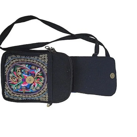 Fair Trade Bohemian Gypsy Floral Lotus Embroidered Shoulder Passport Embroid Bag - Picture 3 of 6